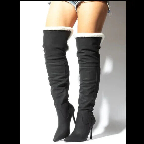 Cozy Craze Black Nubuck Over The Knee Fleece High Heel Thigh Boots - Totally Wicked Footwear