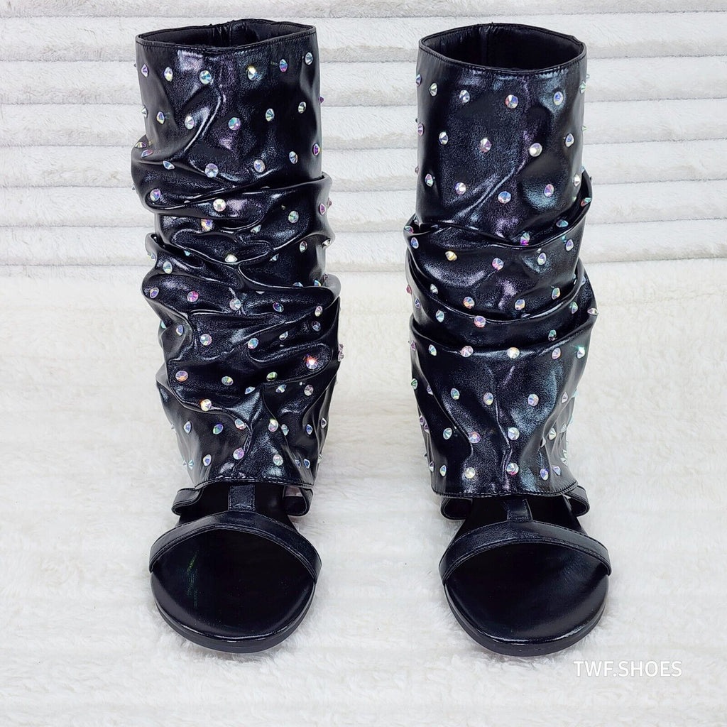 Fabulous Metallic Black Upper & Rhinestones Sandal Slouch Boots Shooties - Totally Wicked Footwear