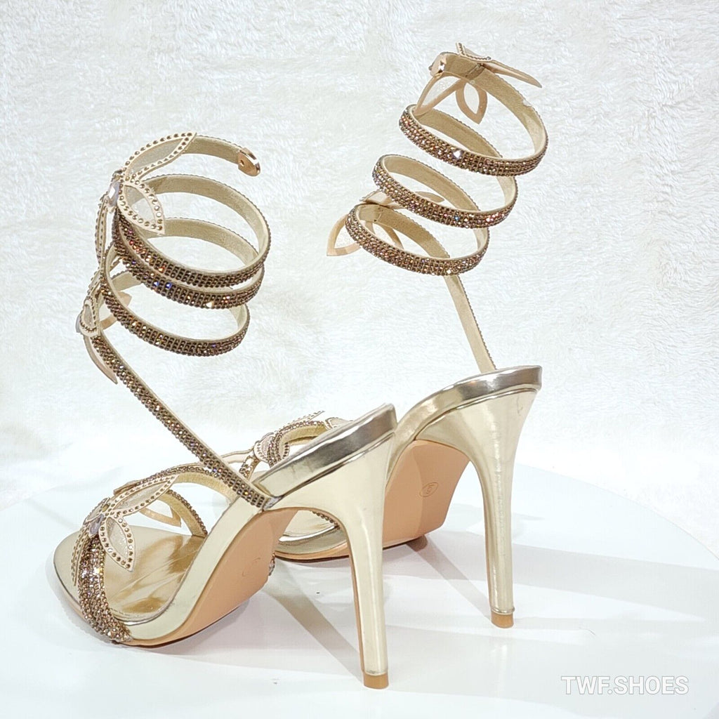 Fly Girl 2 Gold Upper & Rhinestones Butterfly Wrap Strap 4" Stiletto High Heels - Totally Wicked Footwear