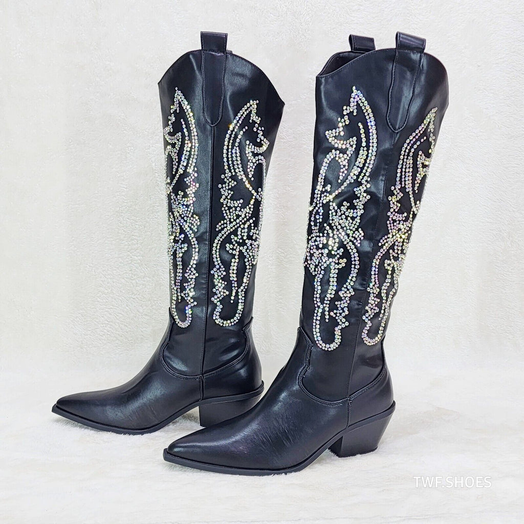 Razzle Black Country Western Cowgirl Knee Boots Rhinestone Dazzle - Totally Wicked Footwear