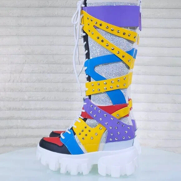 Wang Limited Multi Color White Platform Sneaker Knee Boots Hidden Wedge Heels - Totally Wicked Footwear