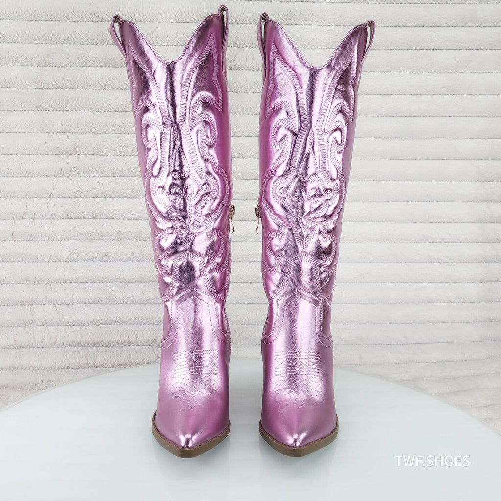 Electric Cowboy Metallic Matte Western Knee High Cowgirl Boots Baby Pink - Totally Wicked Footwear