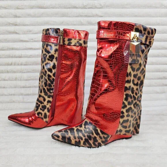 Vivid Red Metallic & Leopard Print Fold Over Skirted Mid Calf Wedge Heel Boots - Totally Wicked Footwear