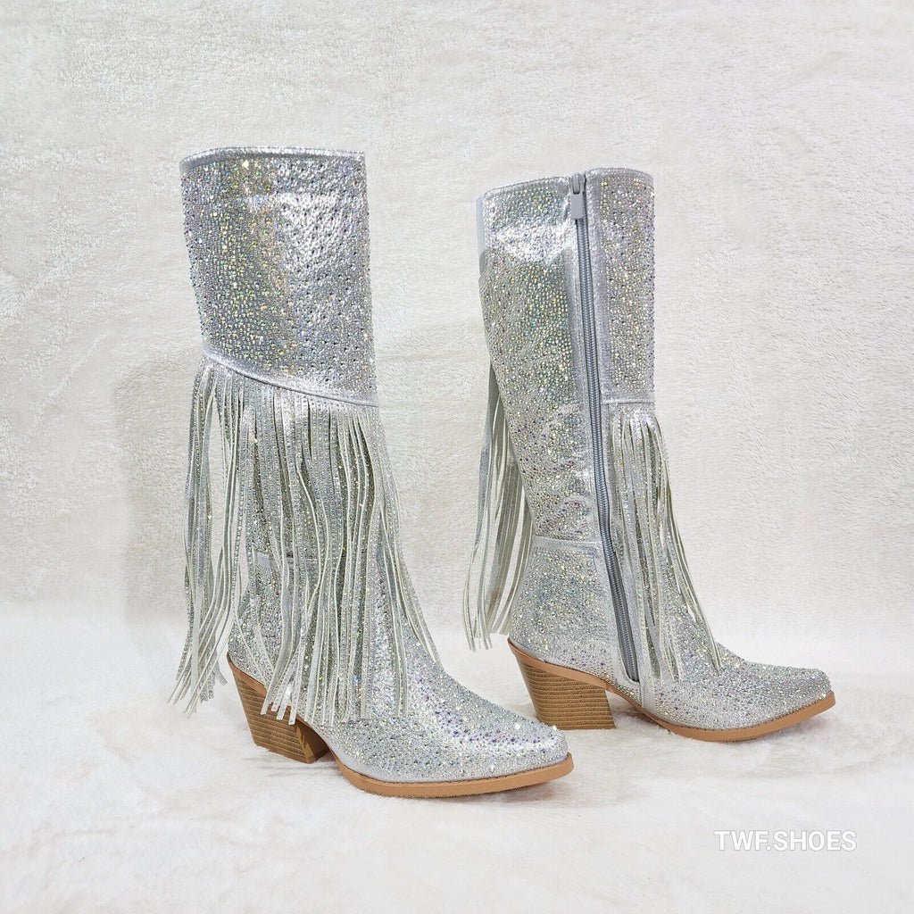 Western Diva Silver Asymmetrical Fringe Rhinestone Glam Cowgirl Boots - Totally Wicked Footwear