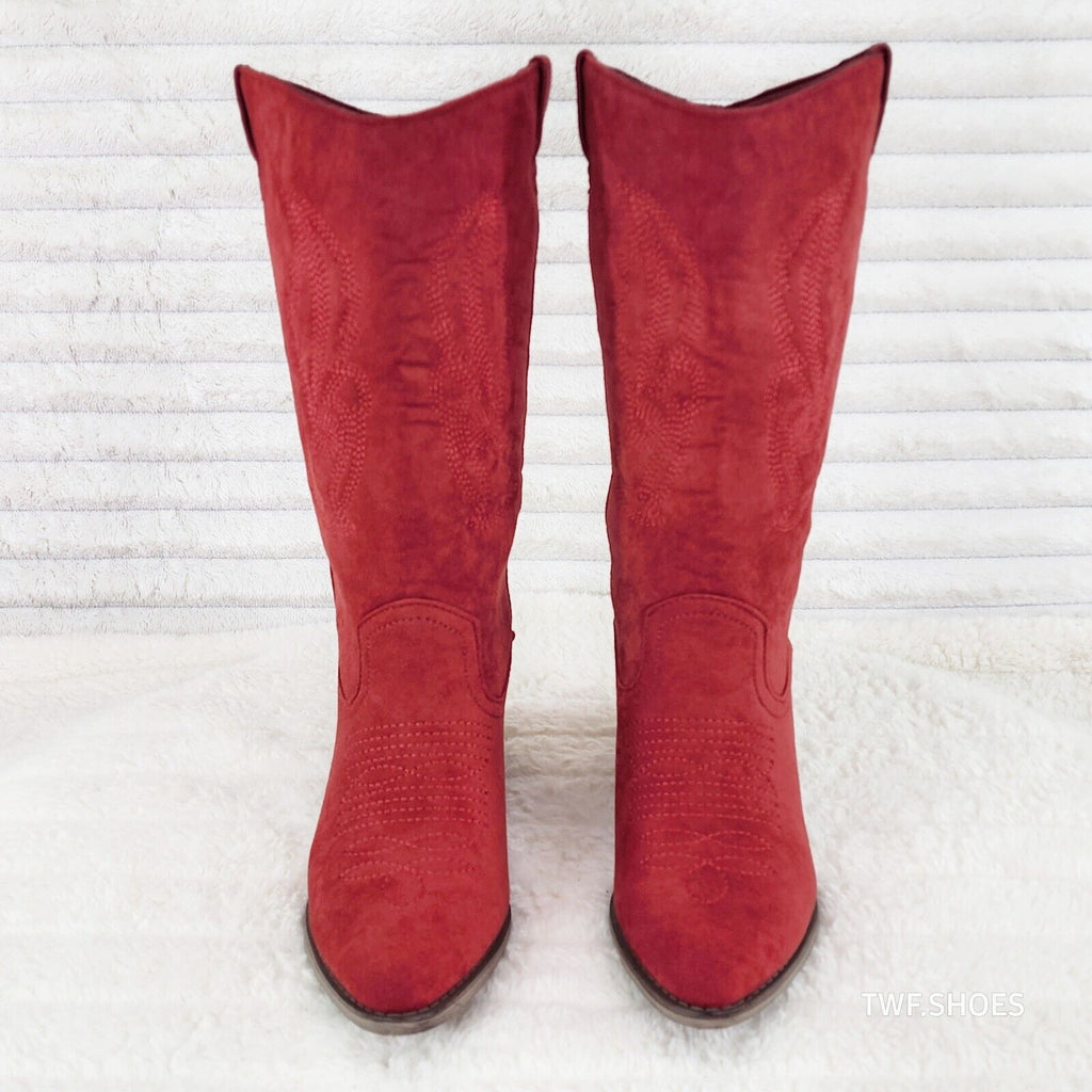 Wild Ones Red Faux Suede Pull On Mid Calf Cowboy Cowgirl Boots - Totally Wicked Footwear