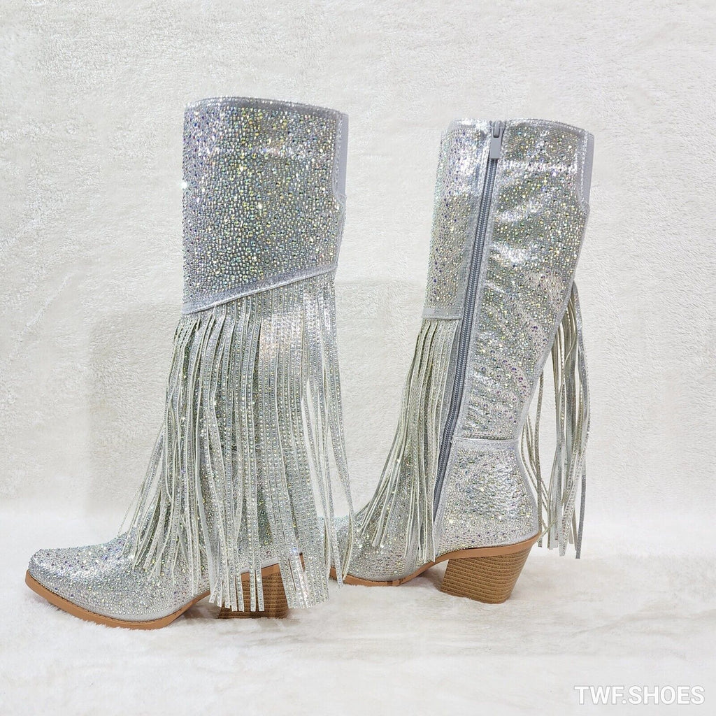 Western Diva Silver Asymmetrical Fringe Rhinestone Glam Cowgirl Boots - Totally Wicked Footwear