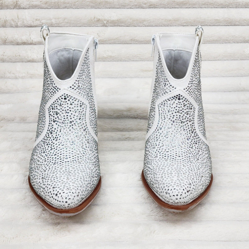 Wild Ones White Glamour Cowboy Rhinestone Cowgirl Ankle Booties Boots - Totally Wicked Footwear