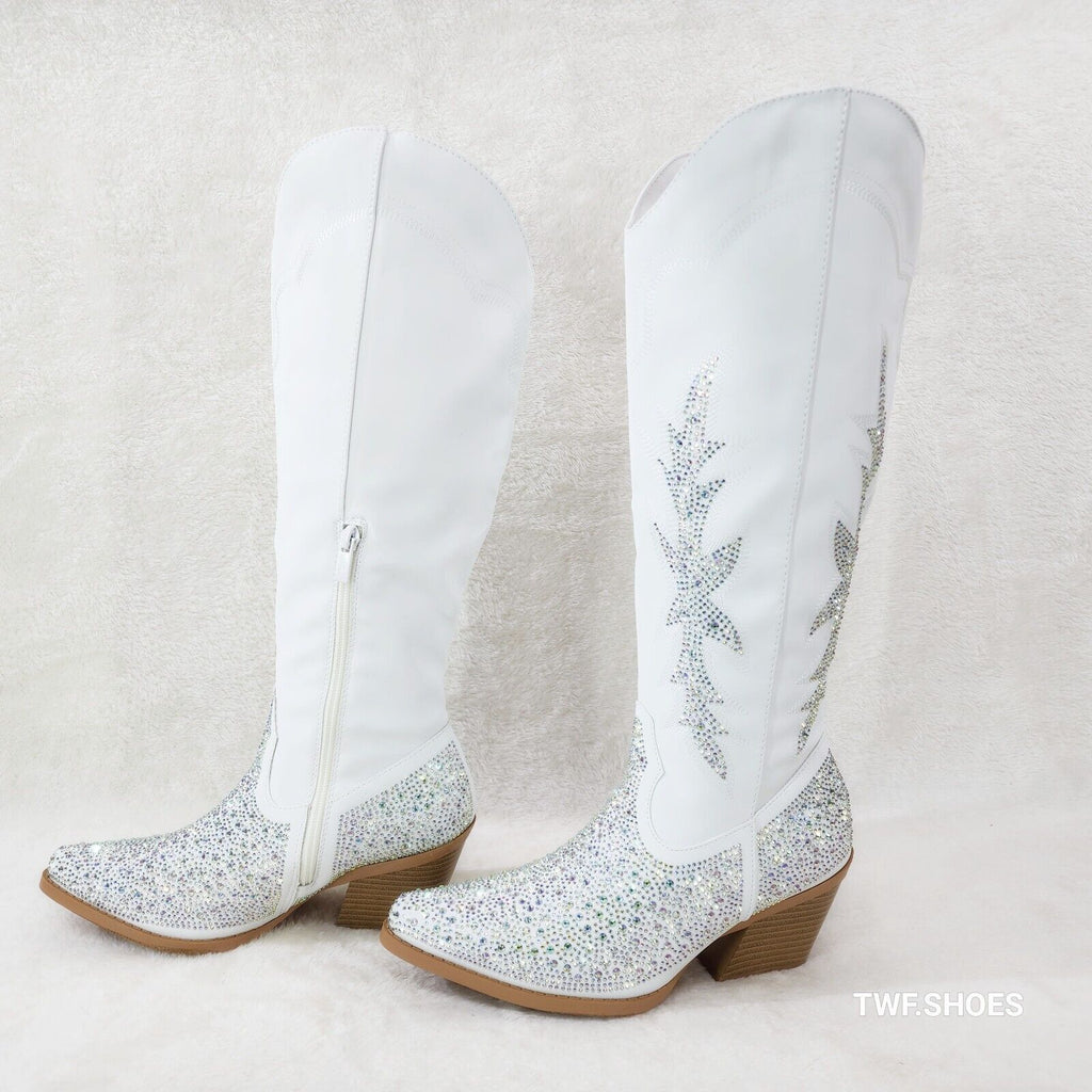 Annie White Leatherette With Rhinestones Country Glam Western Cowgirl Knee Boots - Totally Wicked Footwear