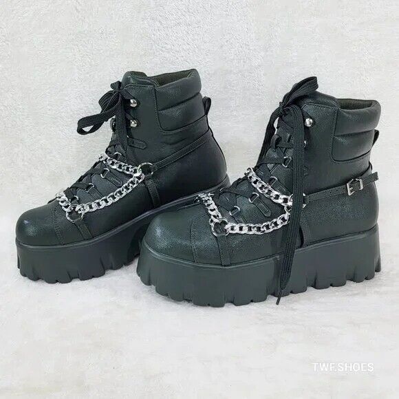 Emo Stomp 2" Platform Stomper Ankle Boots With Chain Design Faux Leather Green - Totally Wicked Footwear