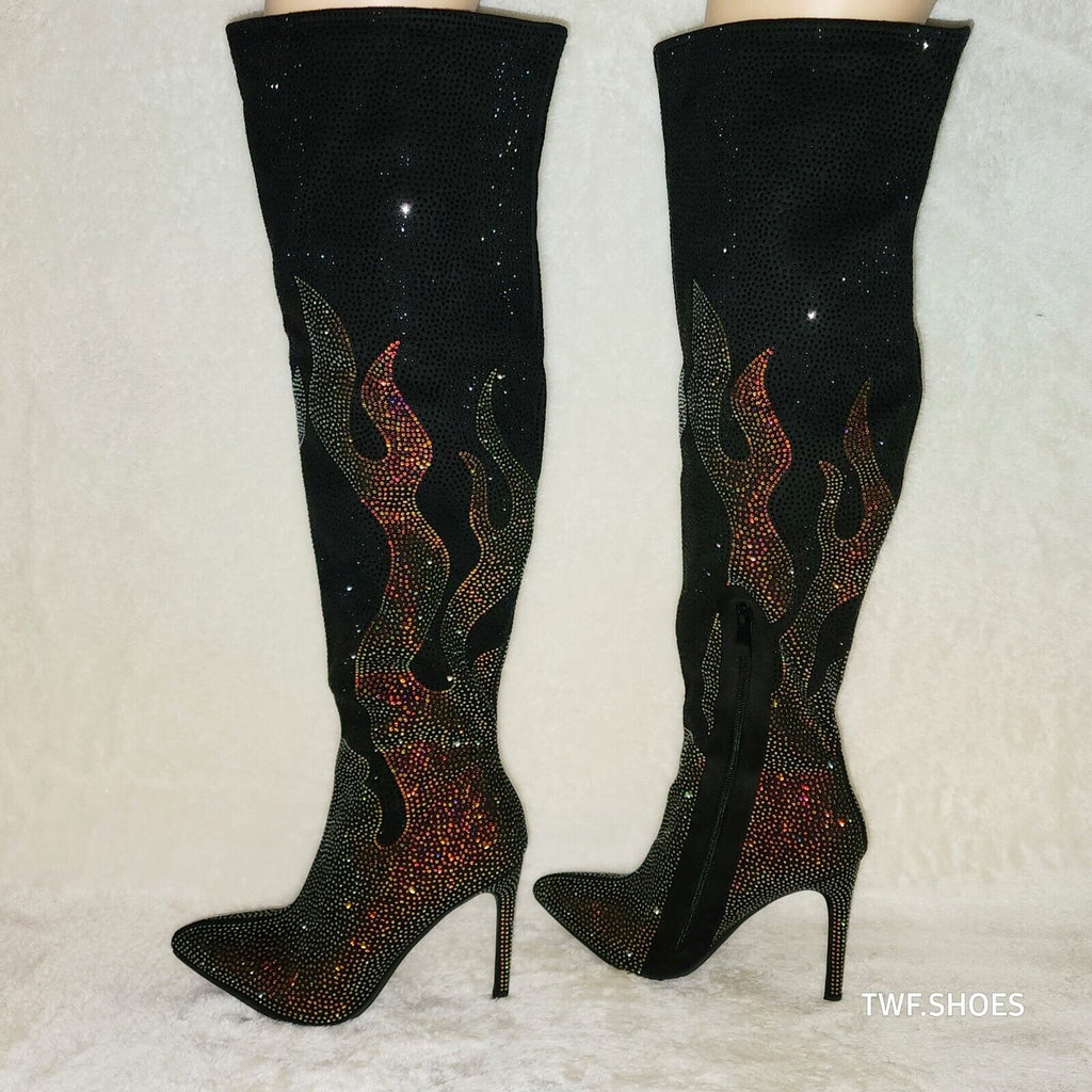 Fiery Desire Black & Gold Rhinestone Flame Detail Sexy OTK Thigh Boots - Totally Wicked Footwear