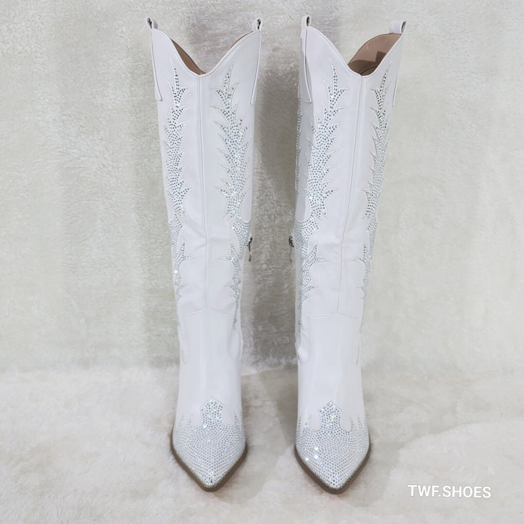 Rodeo Flash White Matte Rhinestone Western Knee High Cowgirl Boots - Totally Wicked Footwear