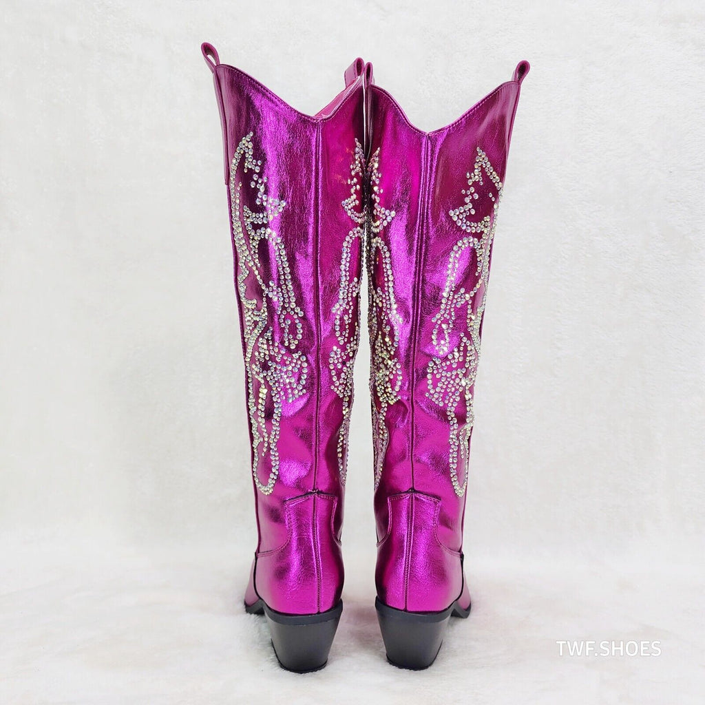 Razzle Metallic Pink Fuchsia Country Western Cowgirl Knee Boot Rhinestone Dazzle - Totally Wicked Footwear