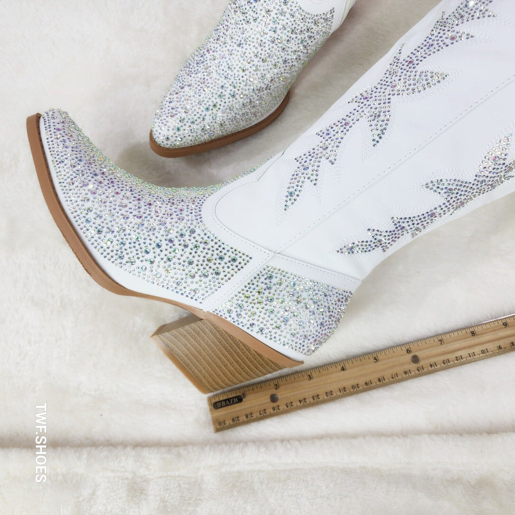 Annie White Leatherette With Rhinestones Country Glam Western Cowgirl Knee Boots - Totally Wicked Footwear