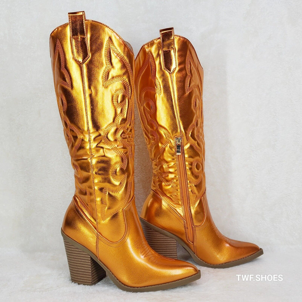 Electric Cowboy Orange Metallic Matte Western Knee High Country Cowgirl Boots - Totally Wicked Footwear