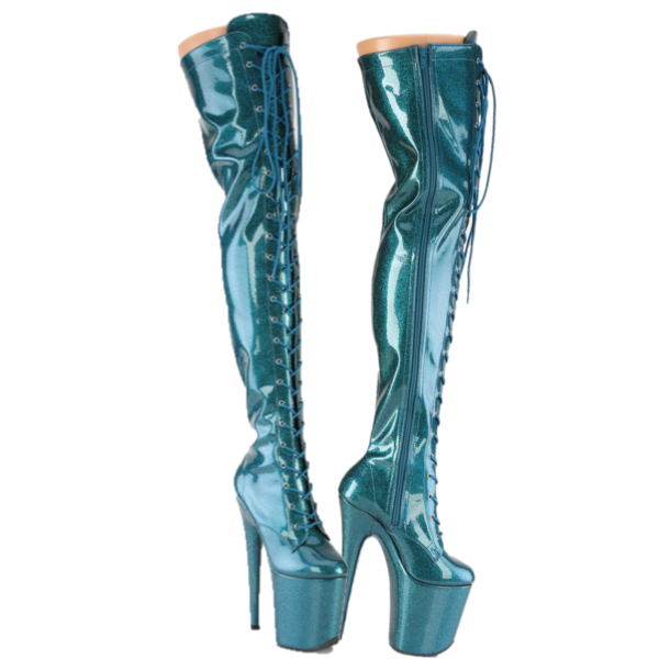 3020 Teal Glitter Patent 3020 Lace Up Thigh High Platform Boots Flamingo 8" Heel - Totally Wicked Footwear