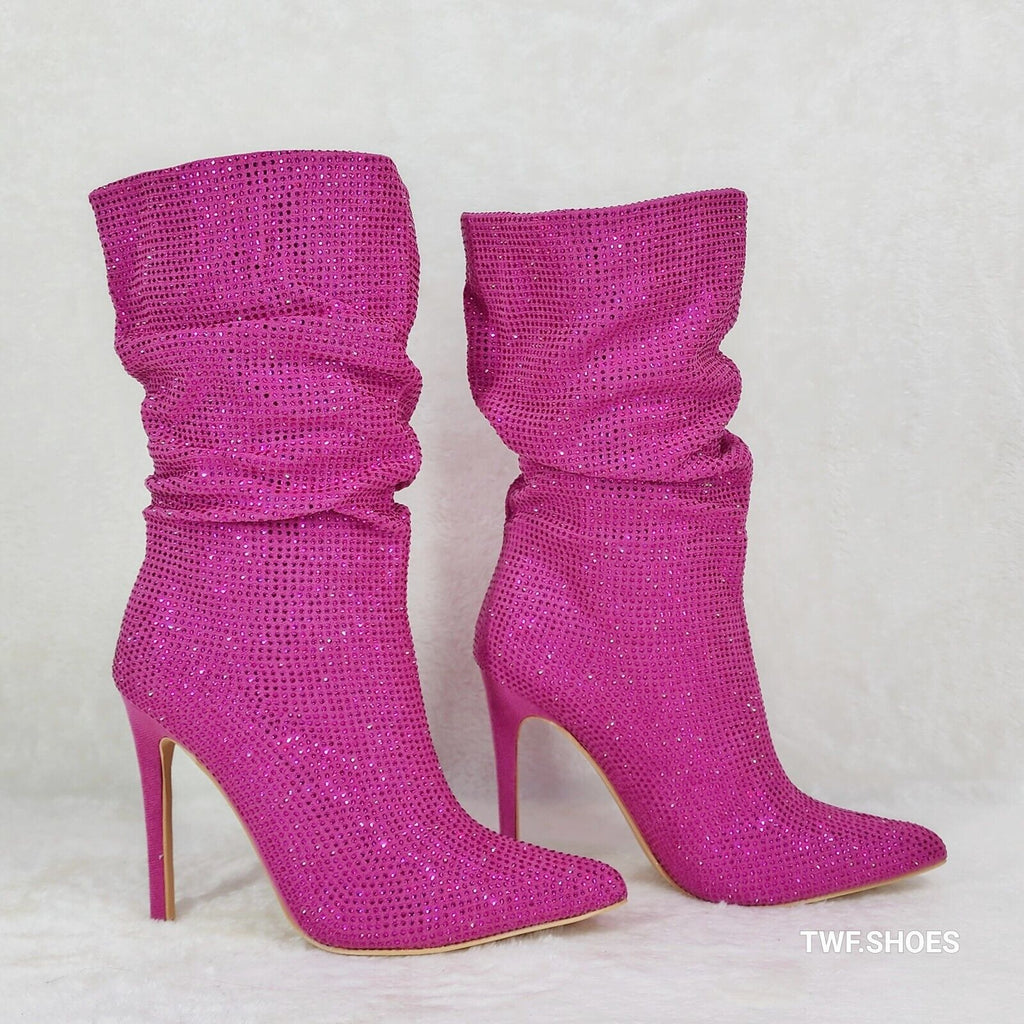 Resolve Sparkling Pink Rhinestone High Heel Slouch Calf Boots New Years Bling - Totally Wicked Footwear