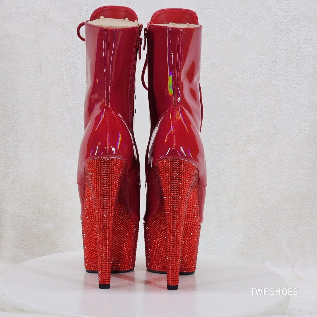 Bejeweled Red Rhinestone Platform Lace Up Ankle Boots 7" High Heels IN HOUSE - Totally Wicked Footwear