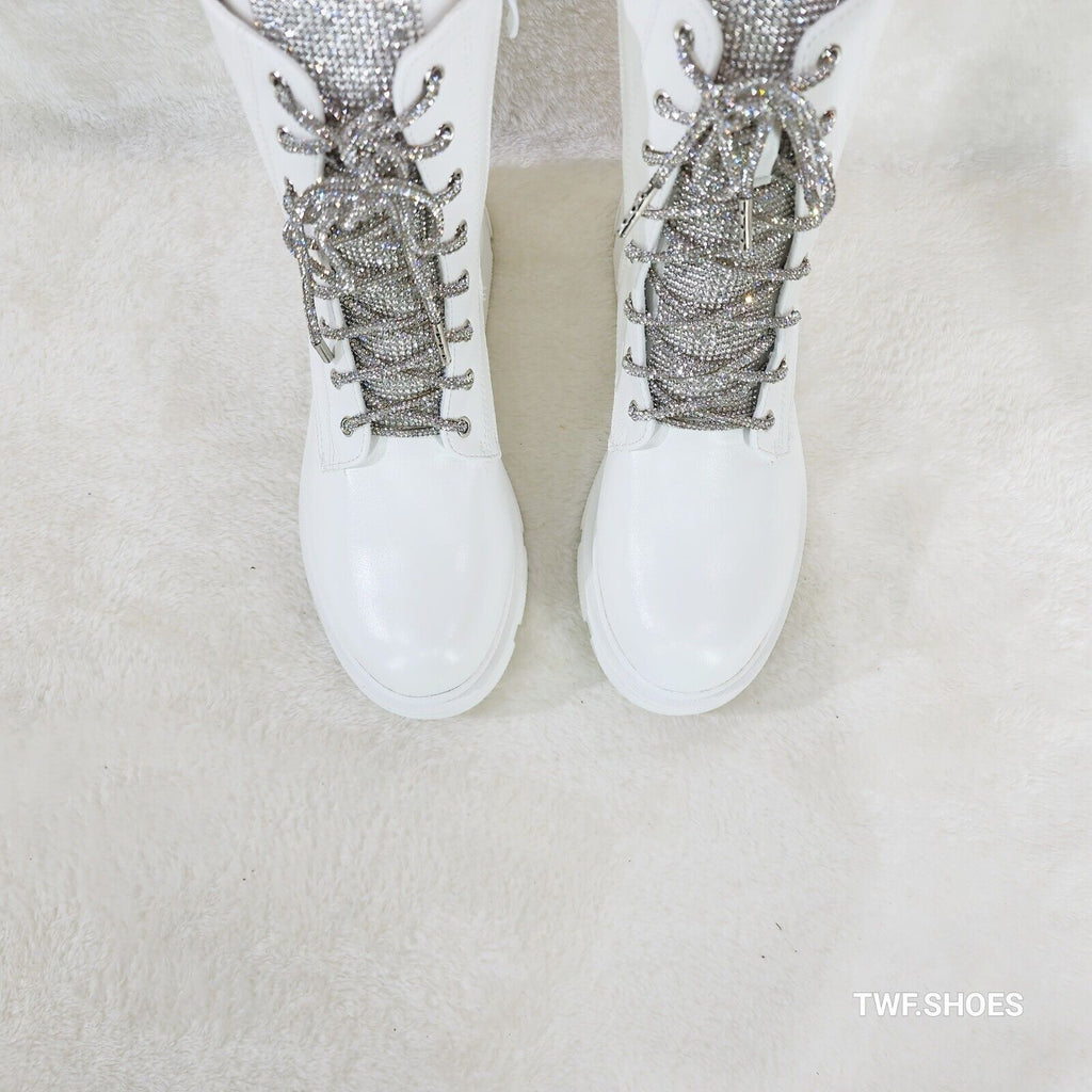 Rylee White Combat Ankle Boots Iridescent Rhinestone Tongue & Rope Laces - Totally Wicked Footwear