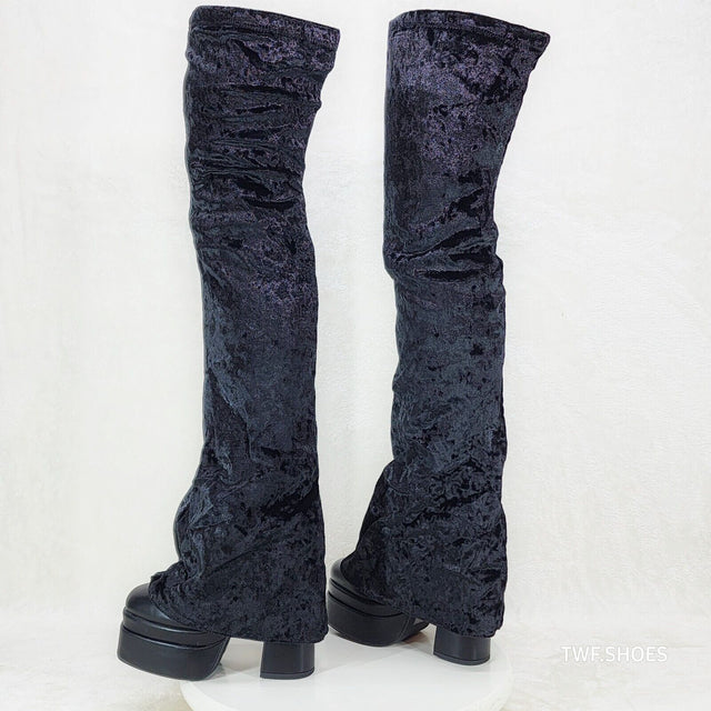 Unique Thigh High Black Velvet Fold over Skirted Chunky Heel Platform Boots - Totally Wicked Footwear