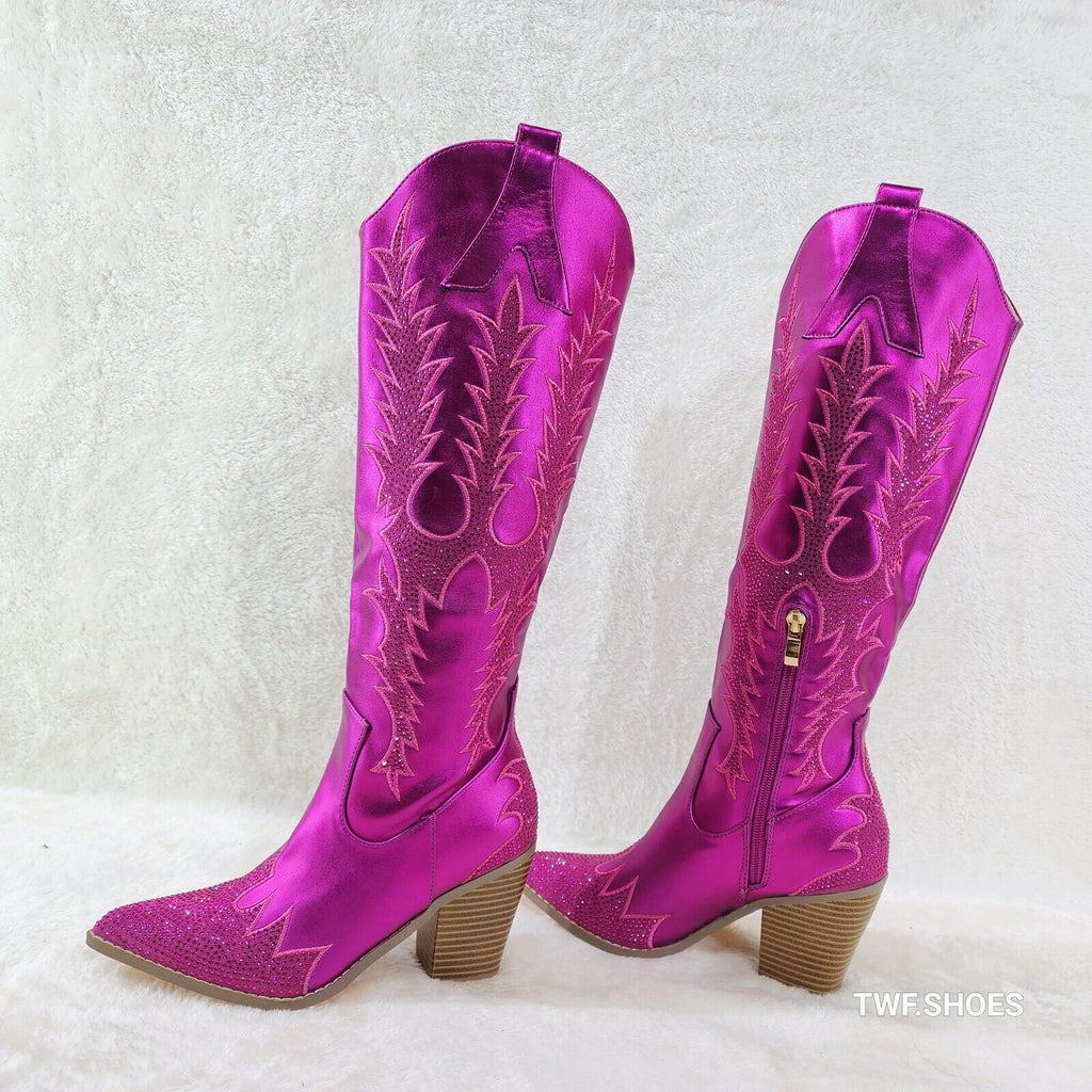 Flash Brush Metallic Matte Rhinestone Western Knee High Cowgirl Boots Hot Pink - Totally Wicked Footwear