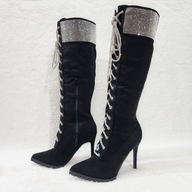 Queens FX Suede & Rhinestone Pointy Toe High Heels Stiletto Lace Up Knee Boots - Totally Wicked Footwear