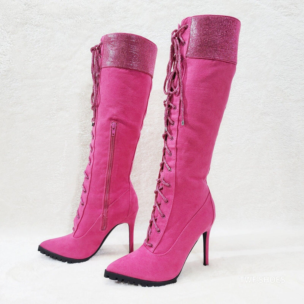 Queens FX Suede & Rhinestone Pointy Toe High Heels Stiletto Lace Up Knee Boots - Totally Wicked Footwear
