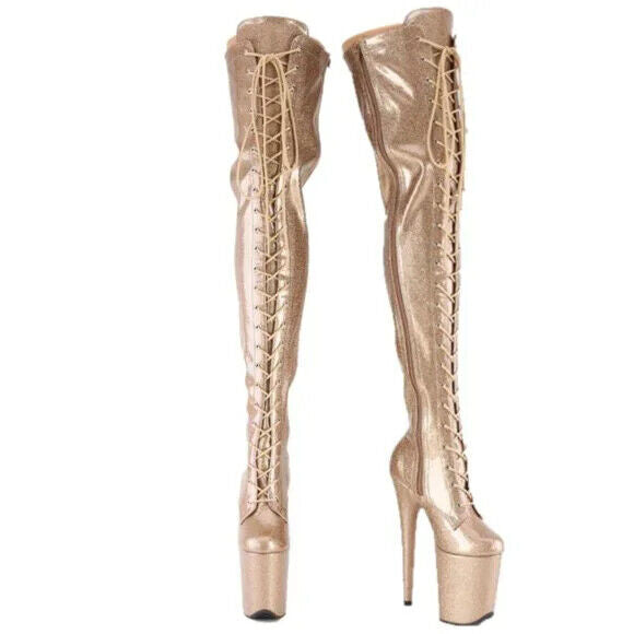 3020 Gold Glitter Patent 3020 Lace Up Thigh High Platform Boots Flamingo 8" Heel - Totally Wicked Footwear