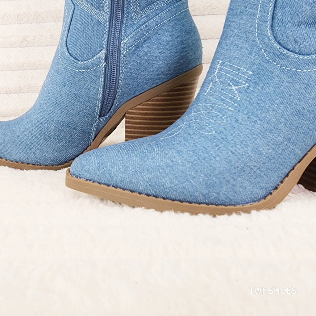 Electric Cowboy Medium Denim Stitched Western Knee High Cowgirl Boots - Totally Wicked Footwear