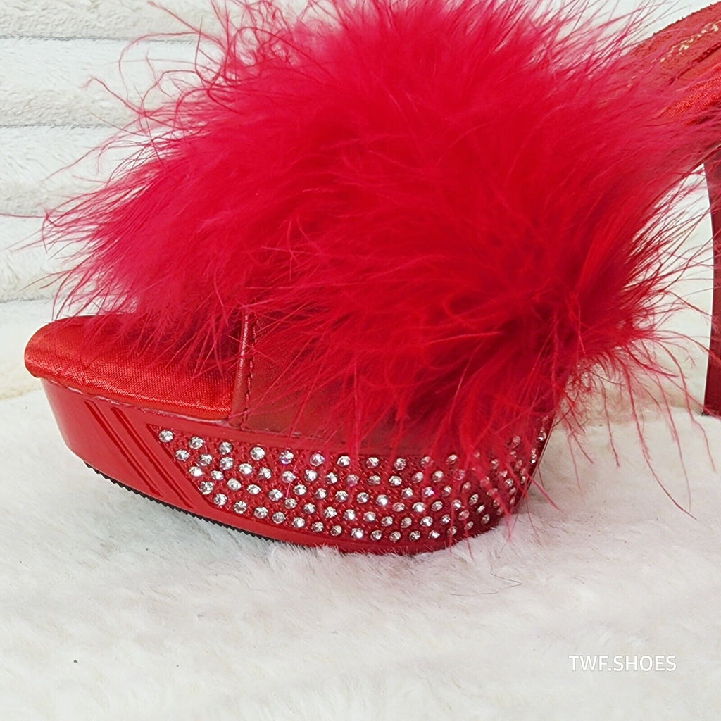 Elegance Marabou Feather Slip On Platform Sandals 5" Stiletto Heel Shoes red - Totally Wicked Footwear