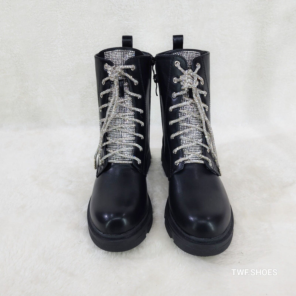 Rylee Black Combat Ankle Boots Iridescent Rhinestone Tongue & Rope Laces - Totally Wicked Footwear