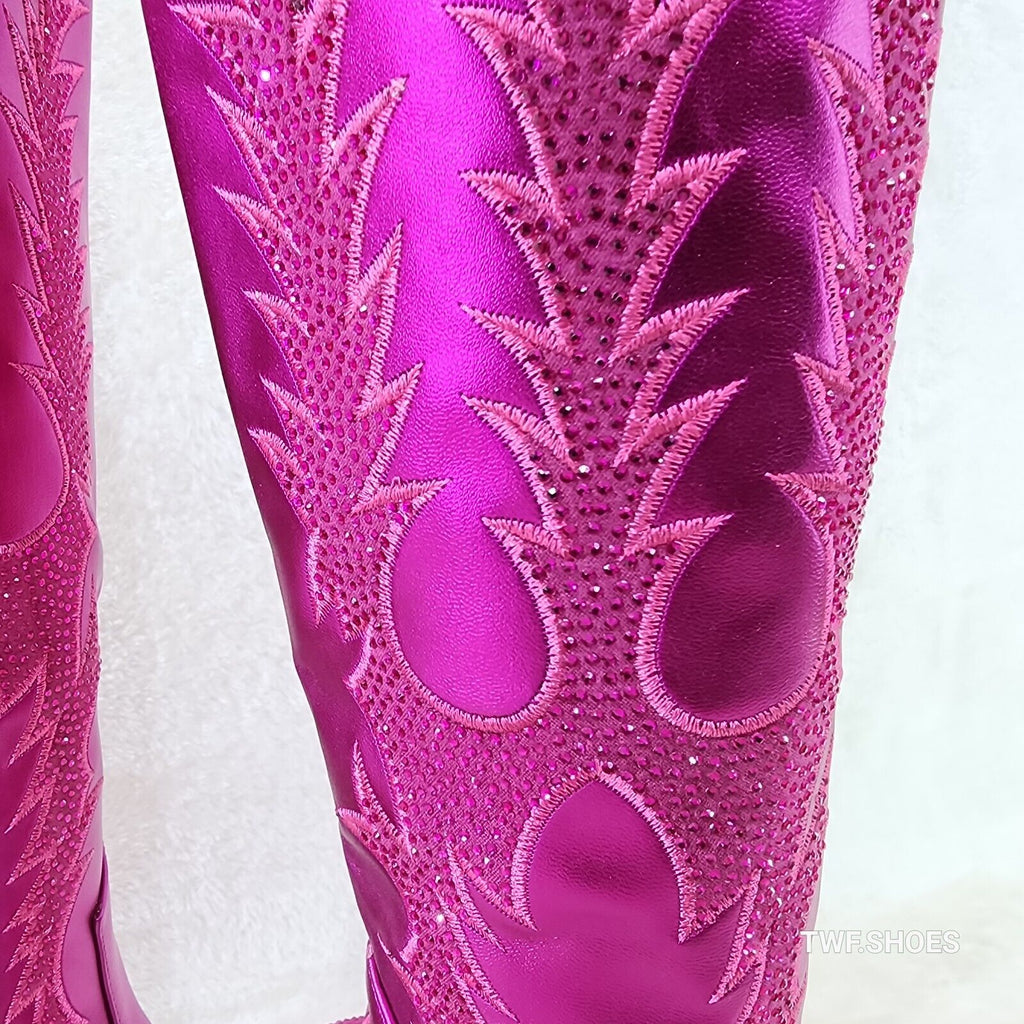 Flash Brush Metallic Matte Rhinestone Western Knee High Cowgirl Boots Hot Pink - Totally Wicked Footwear