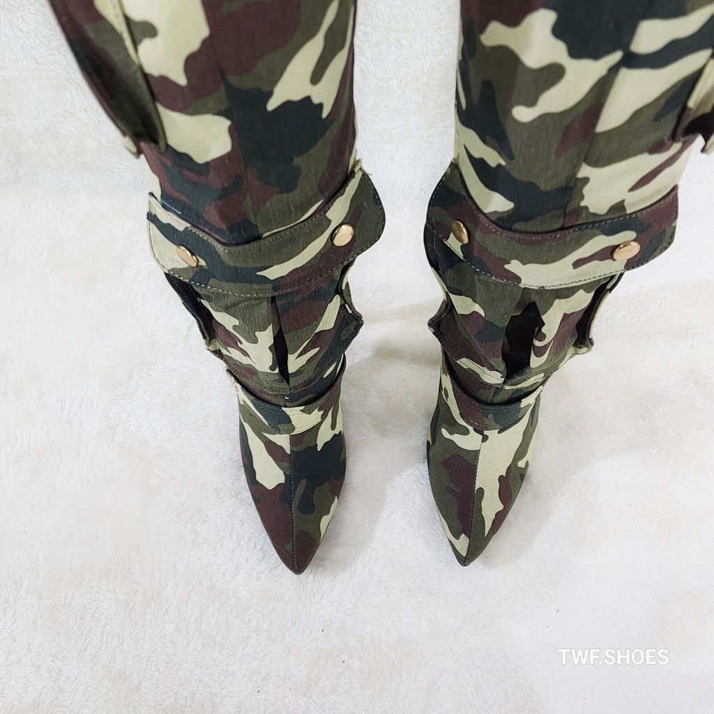 Army Girlz Canvas Camouflage Camo Cargo Knee High Stiletto Heel Boots - Totally Wicked Footwear