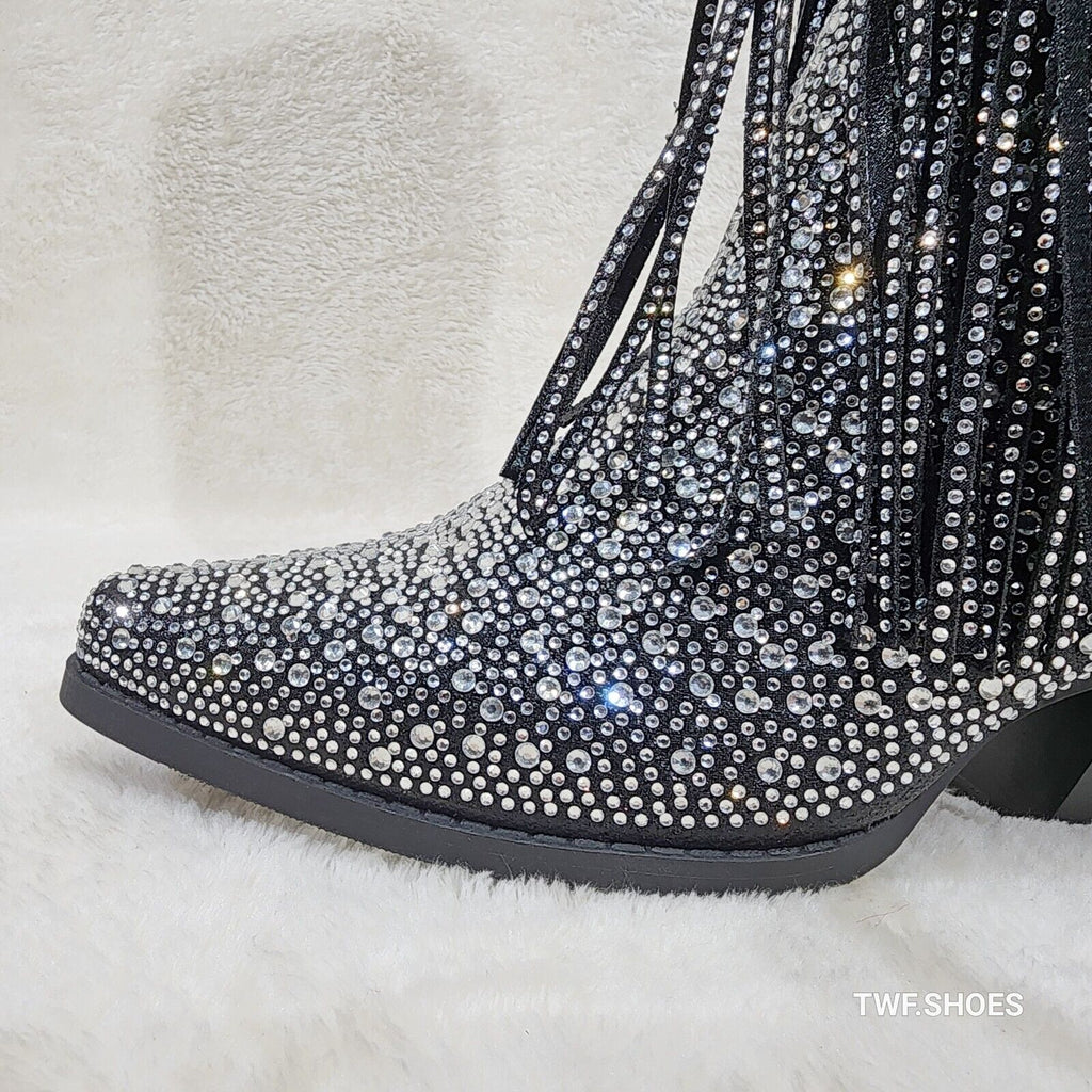 Western Diva Black Asymmetrical Fringe Rhinestone Glam Cowgirl Boots - Totally Wicked Footwear