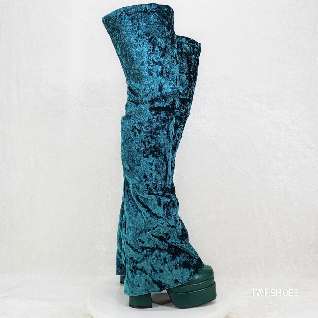 Unique Thigh High Green Velvet Fold over Skirted Chunky Heel Platform Boots - Totally Wicked Footwear