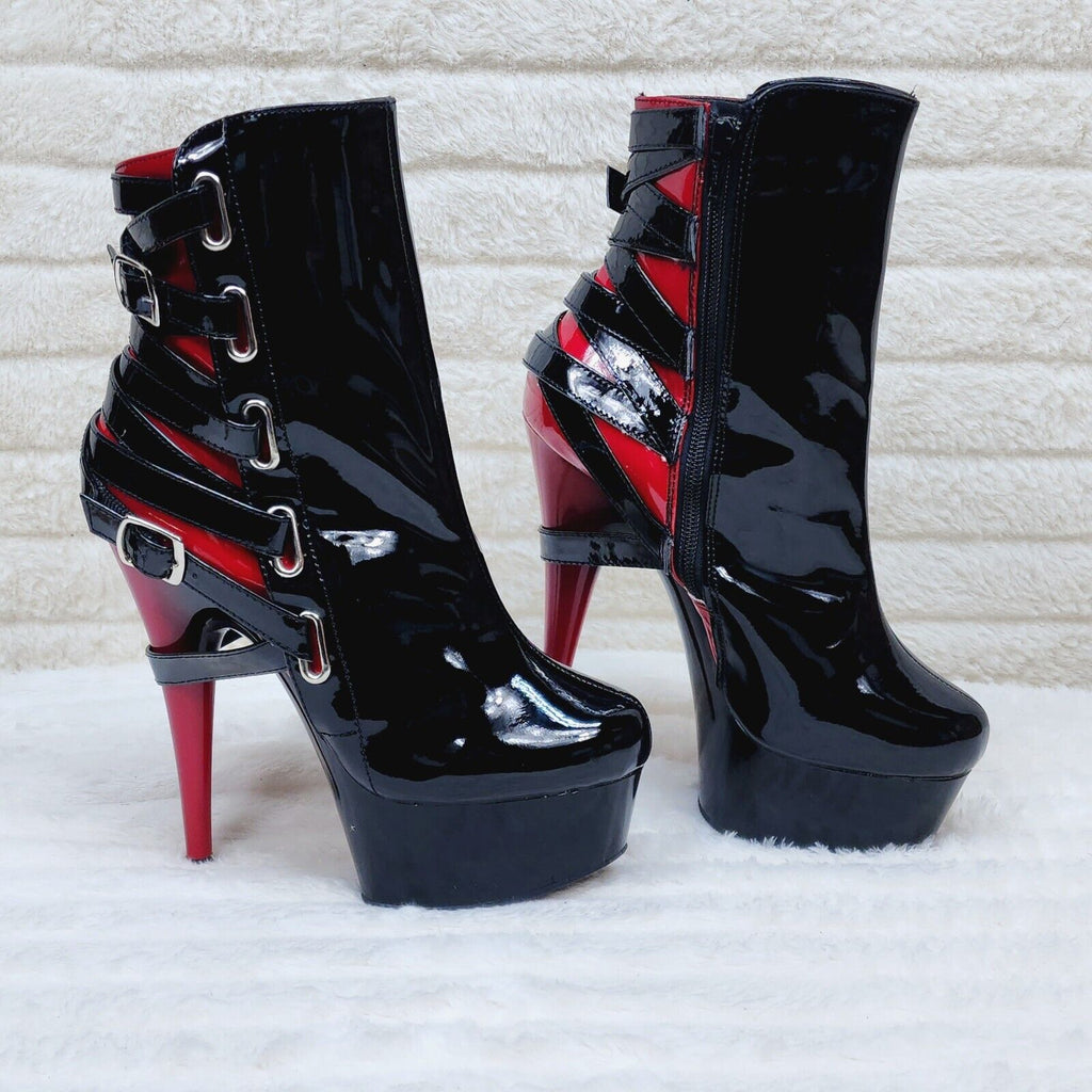 Delight 1012 Black / Red Buckle Strap 6" High Heels Platform Ankle Boots NY - Totally Wicked Footwear