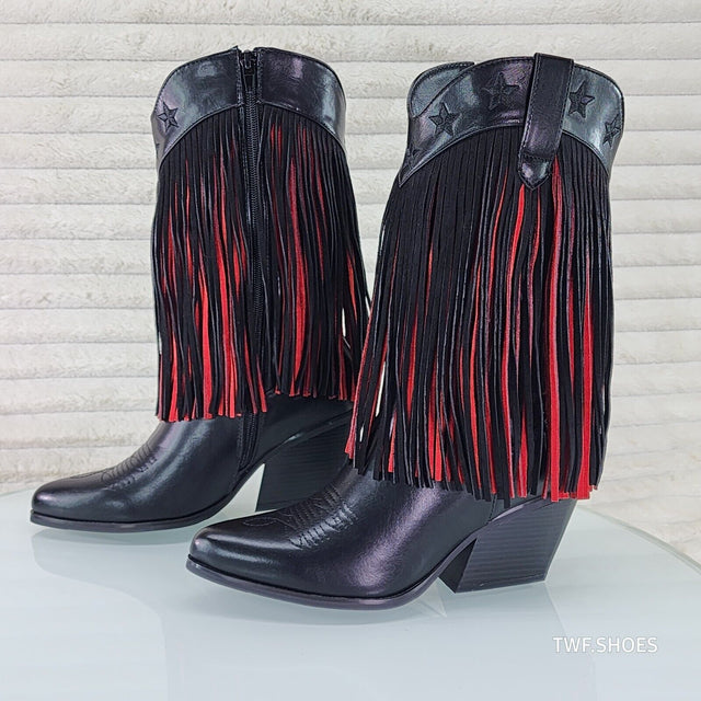 Dusty Roads Mid Calf Black and Red Fringe Country Western Cowgirl Boots - Totally Wicked Footwear