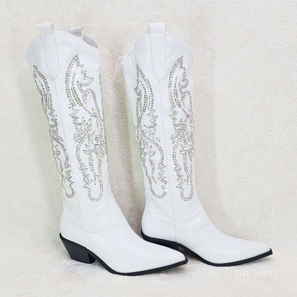 Razzle White Country Western Cowgirl Knee Boots Rhinestone Dazzle - Totally Wicked Footwear