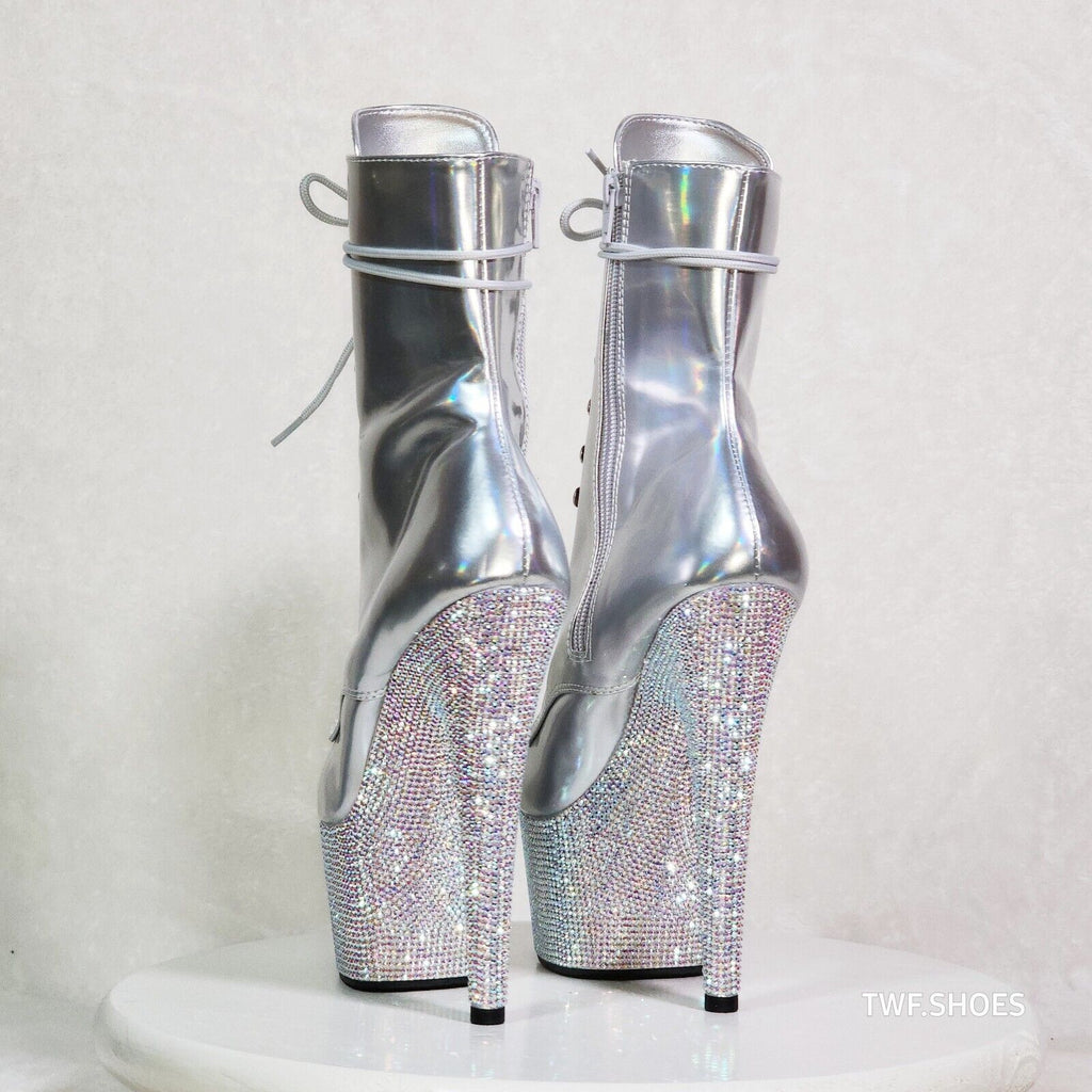 Bejeweled Silver Rhinestone Platform Lace Up Ankle Boots 7" High Heels IN HOUSE - Totally Wicked Footwear