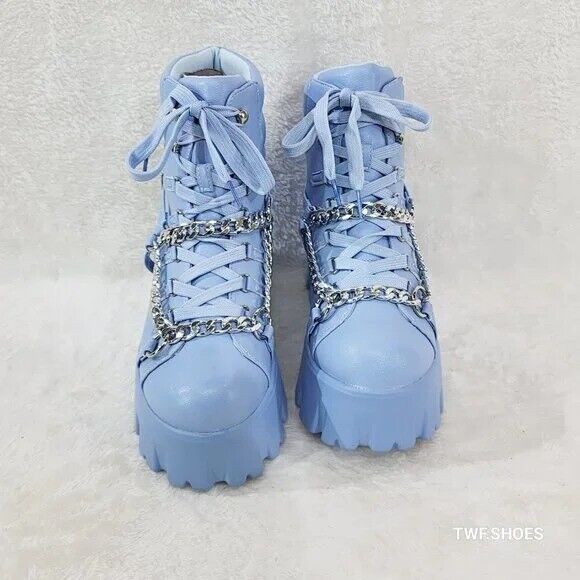 Emo Stomp 2" Platform Stomper Ankle Boots With Chain Design Baby Blue - Totally Wicked Footwear