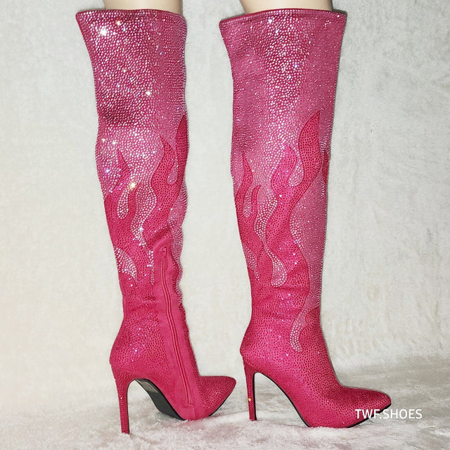 Fiery Desire Hot Fuchsia Pink Rhinestone Flame Detail Sexy OTK Thigh Boots - Totally Wicked Footwear