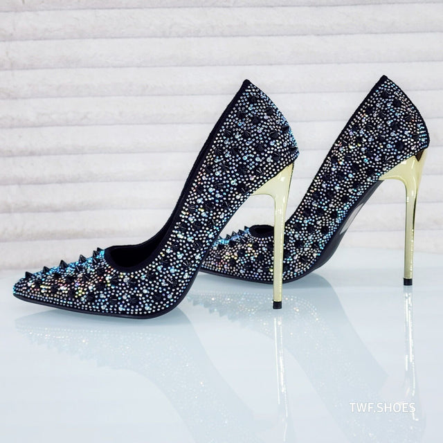 Wicked Sexy Spike Stud Iridescent Rhinestone High Heel Pump Shoes Black - Totally Wicked Footwear