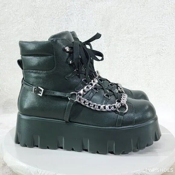 Emo Stomp 2" Platform Stomper Ankle Boots With Chain Design Faux Leather Green - Totally Wicked Footwear