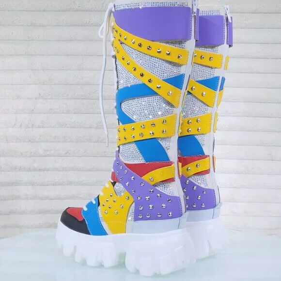 Wang Limited Multi Color White Platform Sneaker Knee Boots Hidden Wedge Heels - Totally Wicked Footwear