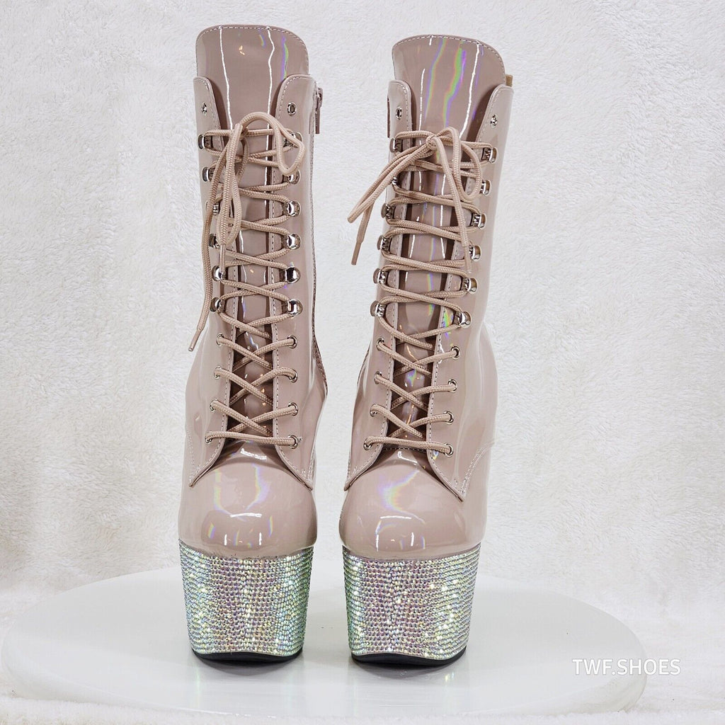 Bejeweled Nude Rhinestone Platform Lace Up Ankle Boots 7" High Heels IN HOUSE - Totally Wicked Footwear