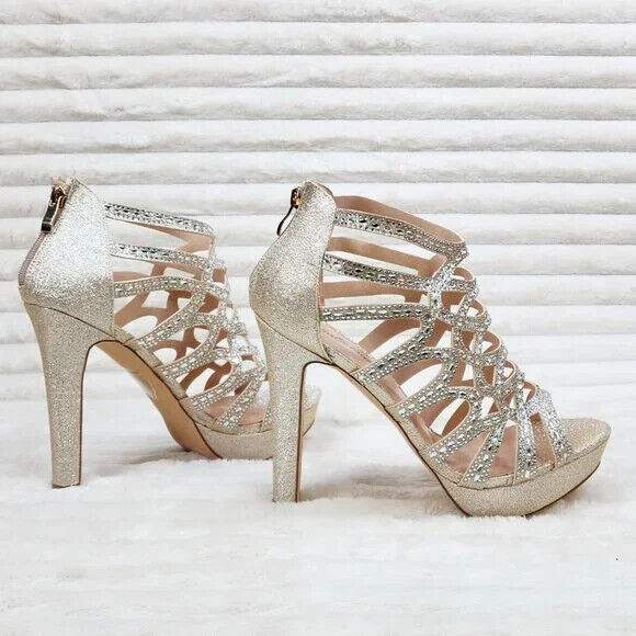 SELENE 4.5" High Heel Platform Shoe Cutout Cage Rhinestones Shimmery Champagne - Totally Wicked Footwear