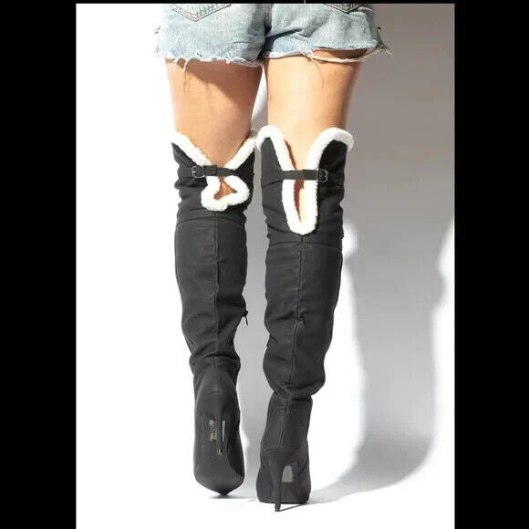 Cozy Craze Black Nubuck Over The Knee Fleece High Heel Thigh Boots - Totally Wicked Footwear