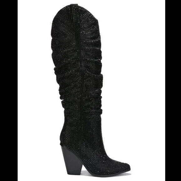 Cape Robbin Diamond Rider Black Rhinestone  Western Slouch Draped Knee Boots - Totally Wicked Footwear