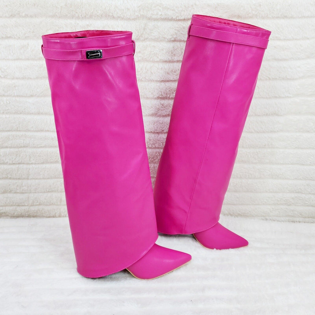 Paris Fuchsia Pink Skirted Fold Over 3.5" Block Heel Knee High Boots - Totally Wicked Footwear