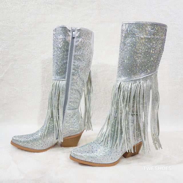 Western Diva Silver Asymmetrical Fringe Rhinestone Glam Cowgirl Boots - Totally Wicked Footwear