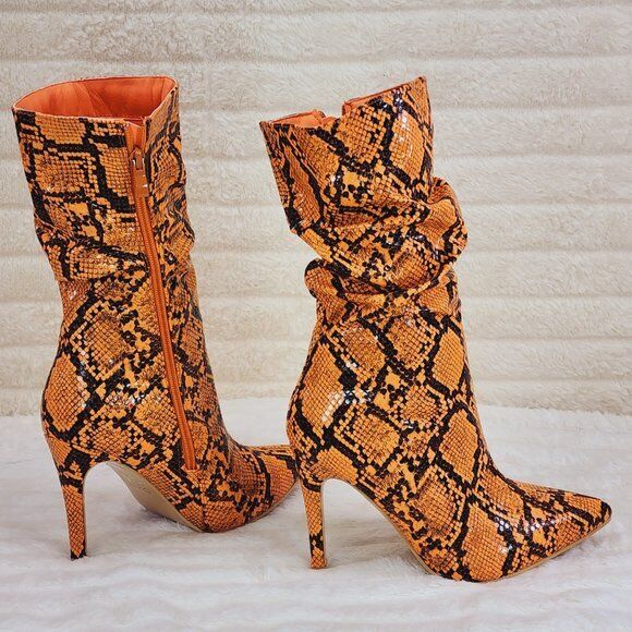 Envy Sexy Orange Snake Scrunch Shaft High Heel Mid Calf Boots - Totally Wicked Footwear